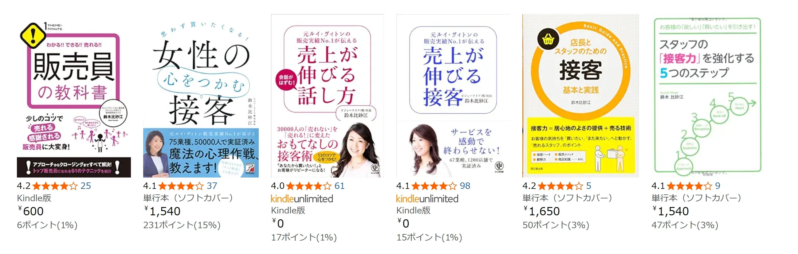 鈴木比砂江の著書一覧 — 販売員の教科書、女性の心をつかむ接客、売上が伸びる話し方、売上が伸びる接客、店長とスタッフのための接客、スタッフの接客力を強化する5つのステップ